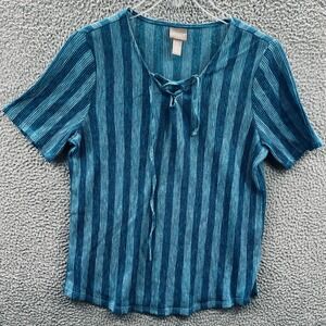 Chicos Womens Top L Striped Textured Tie Neck Relaxed Coastal Resort Lightweight